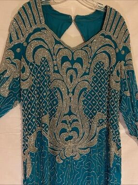 PLUS SIZE Beaded Silk Turquoise Evening Gown with Silver Embellishment
